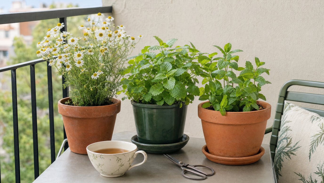 Potted chamomile, mint and lemon balm on a sunny balcony table beside a cup of herbal tea and garden scissors