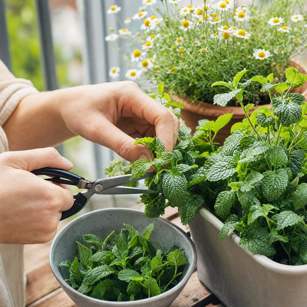 Hands snipping fresh mint and lemon balm sprigs from a container into a small bowl with chamomile flowering in a pot nearby