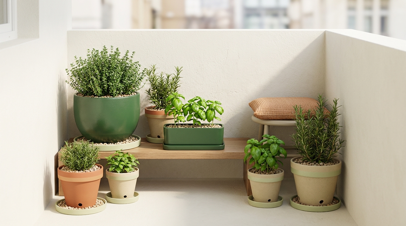 Sunny balcony with thyme rosemary and basil in assorted pots with visible drainage holes and saucers container herbs drainage pots