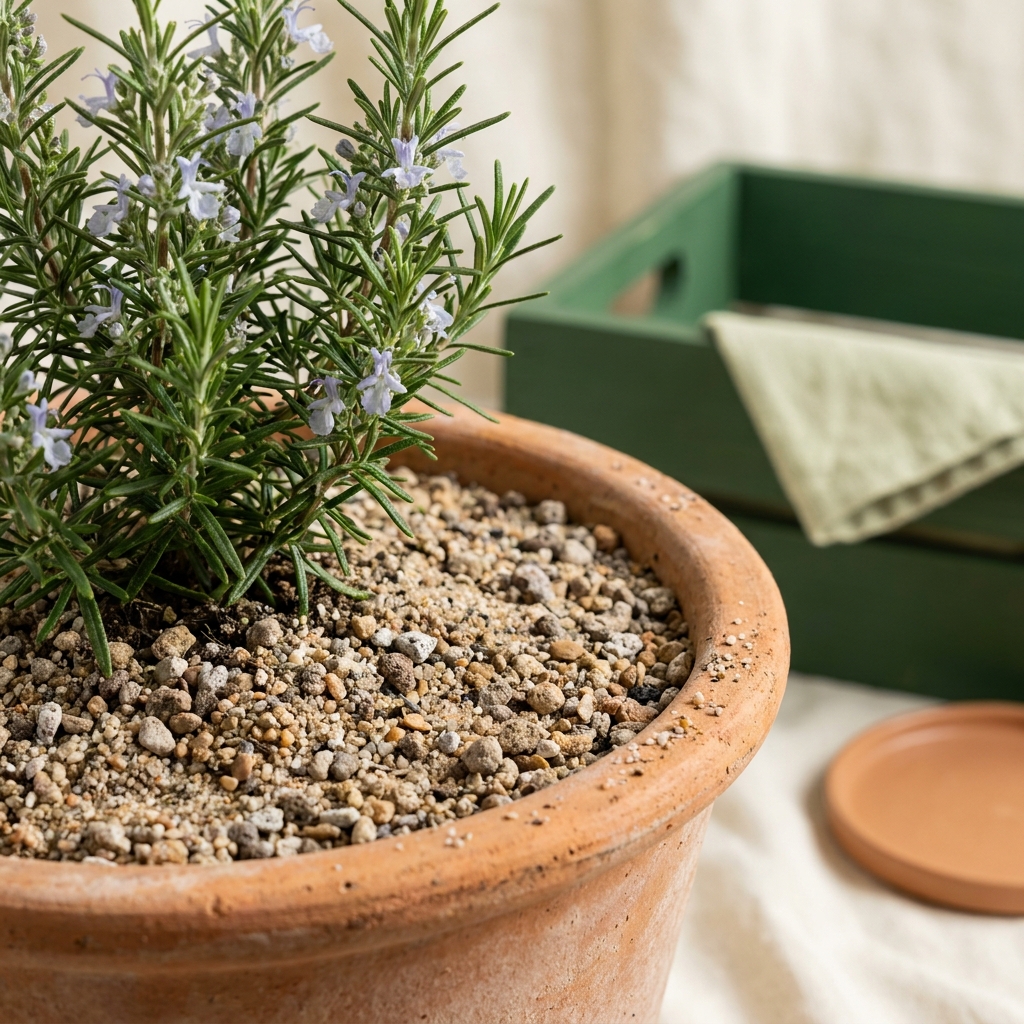 Close up of rosemary Rosmarinus officinalis planted in a terracotta long tom pot filled with gritty well draining mix on a clean neutral background minimalist composition showing container herbs drainage pots