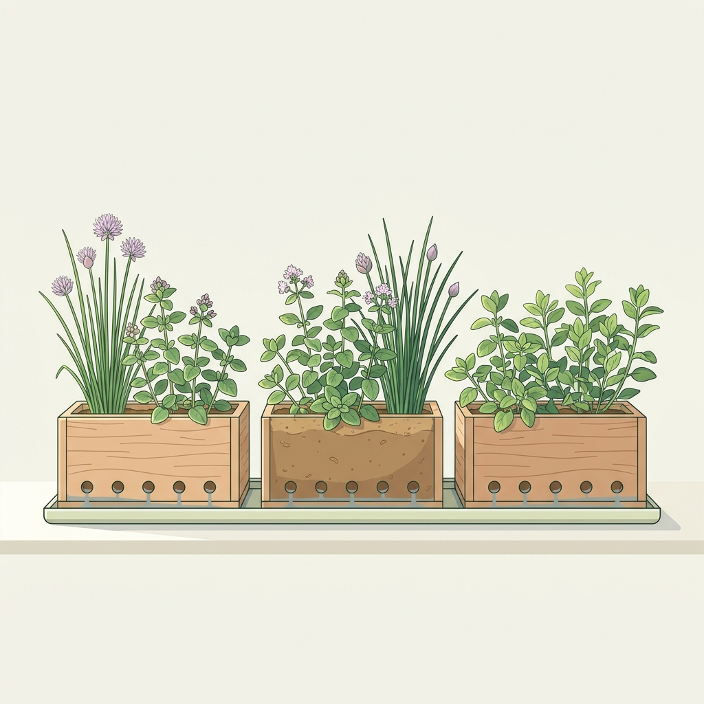 Minimalist 2D vector of three shallow windowsill planter boxes with chives and oregano showing visible drainage holes container herbs drainage pots for indoor culinary gardening
