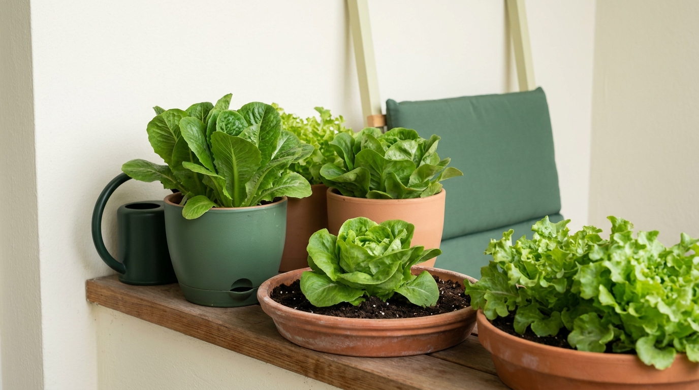 Mixed romaine butterhead and leaf lettuces growing in shallow and deeper balcony pots side by side on a clean ledge in soft morning light growing lettuce in containers