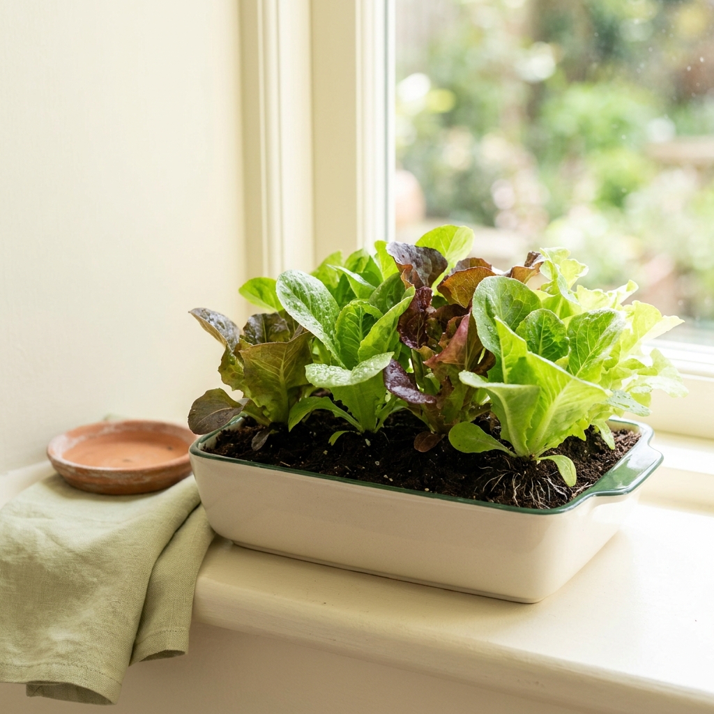 Close up of leaf lettuce growing in a shallow rectangular planter on a sunlit windowsill in the morning showing fresh green leaves and potting soil, growing lettuce in containers