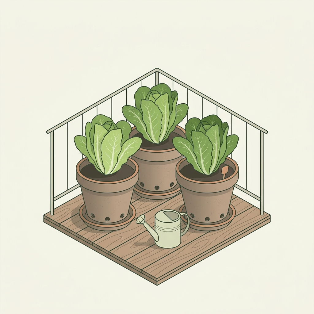 Romaine lettuce forming compact heads in deep round pots on a small sunlit balcony with visible drainage holes and wooden slatted floor growing lettuce in containers