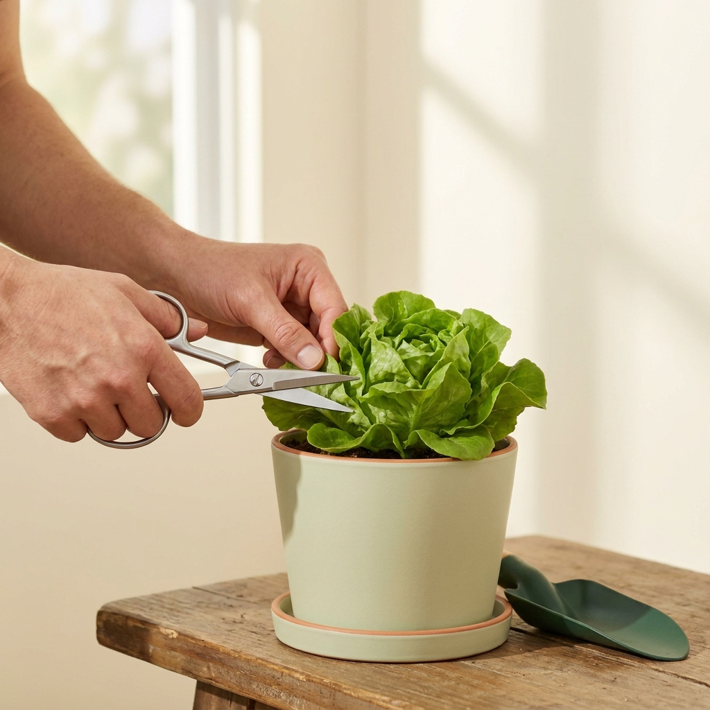 Gardener snipping outer leaf lettuce with clean scissors in a compact container in spring morning light demonstrating growing lettuce in containers in a minimalist tidy composition