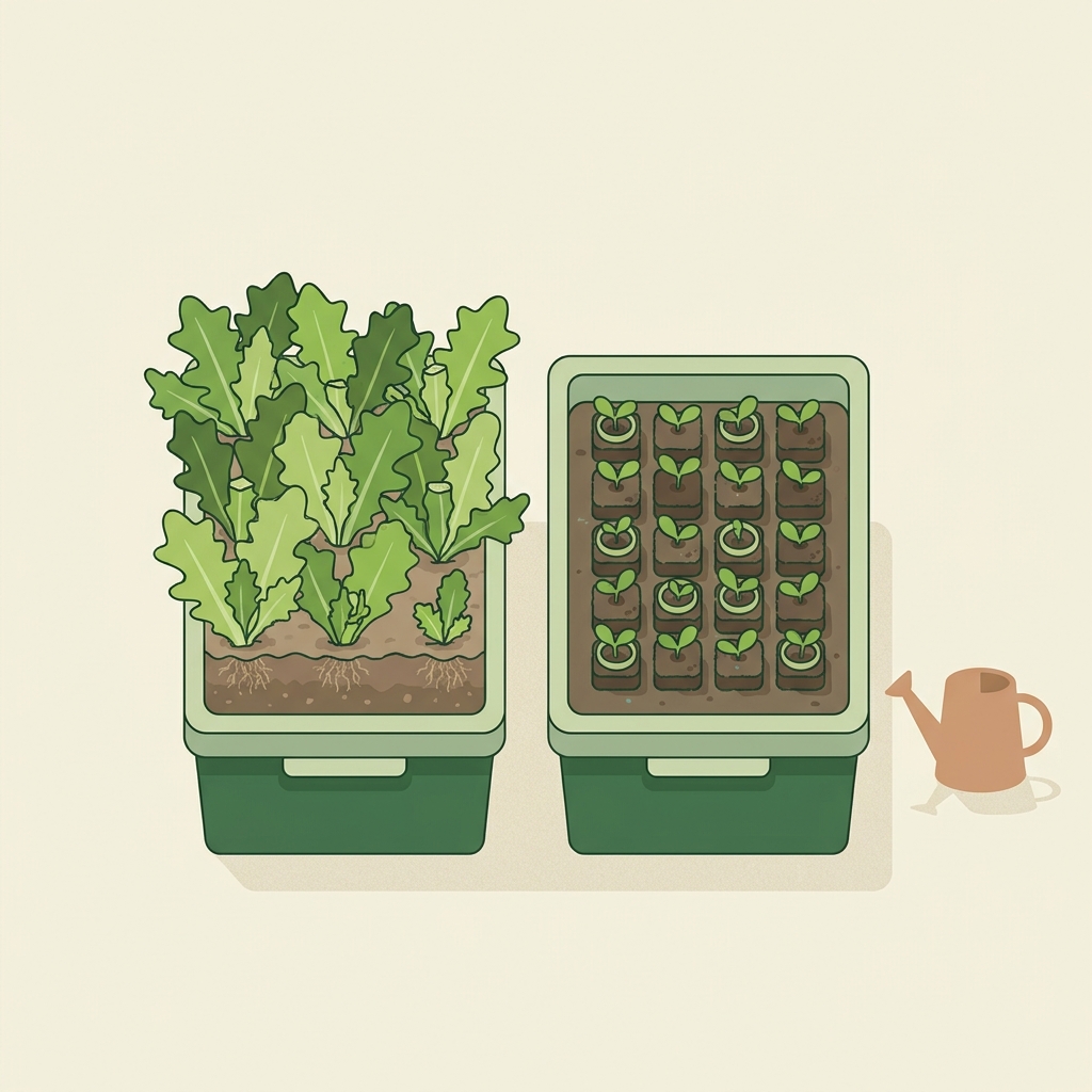 Two side by side containers illustrating growing lettuce in containers one with healthy regrowing leaf lettuce and one with newly planted seedlings minimal 2D vector on pale beige background