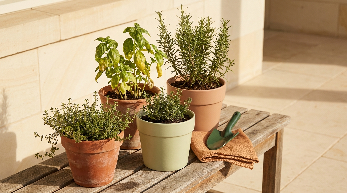 Three to five mixed herb pots (basil, rosemary, thyme) arranged asymmetrically on a wooden bench on a sheltered sunny patio in late autumn, with a folded frost cloth nearby to illustrate overwintering herbs in pots.