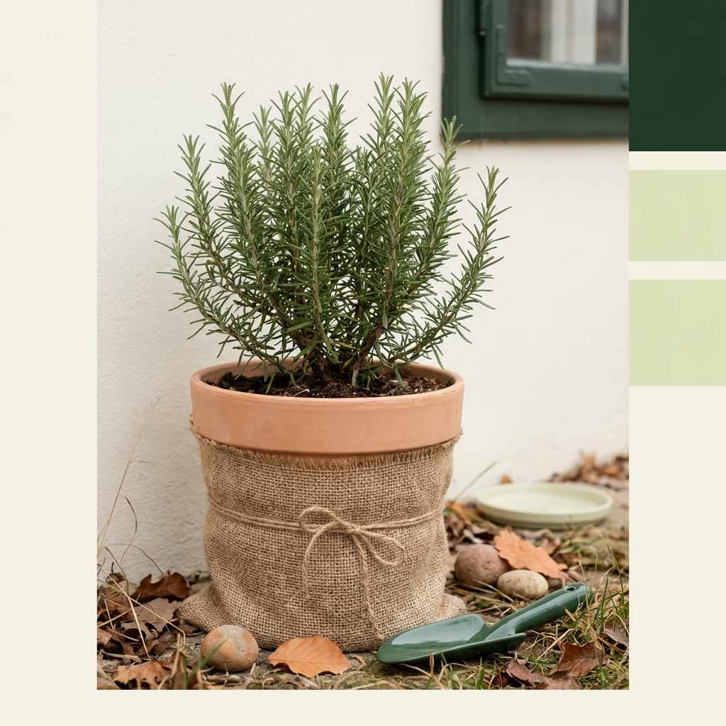 Close up of a potted rosemary plant in a large pot wrapped in natural burlap insulation and jute twine placed against a pale house wall in late autumn illustrating how to overwinter herbs in pots