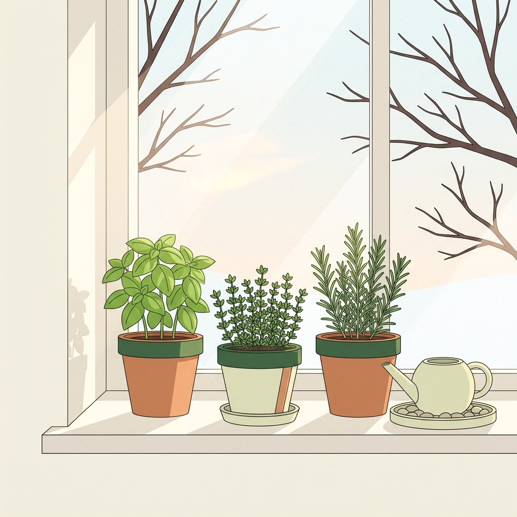 Minimalist 2D vector of a bright windowsill with potted basil and thyme in winter sunlight showing a neat overwinter setup how to overwinter herbs in pots