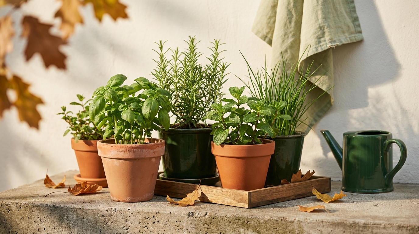 How to overwinter herbs in pots potted basil rosemary mint and chives grouped on a sheltered patio in late autumn warm golden side light minimal full frame composition