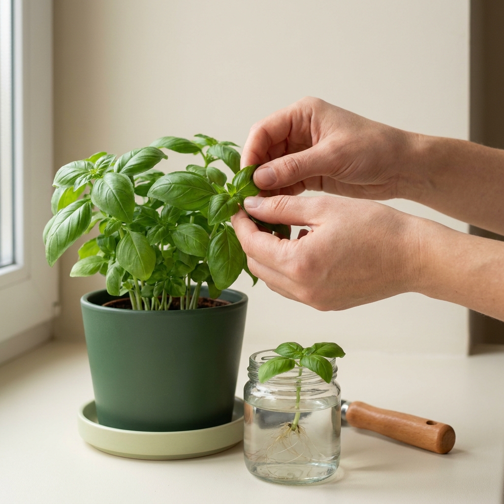 Hands harvesting basil leaves from a potted basil on a tidy windowsill with a small rooted cutting in water beside it, how to overwinter herbs in pots