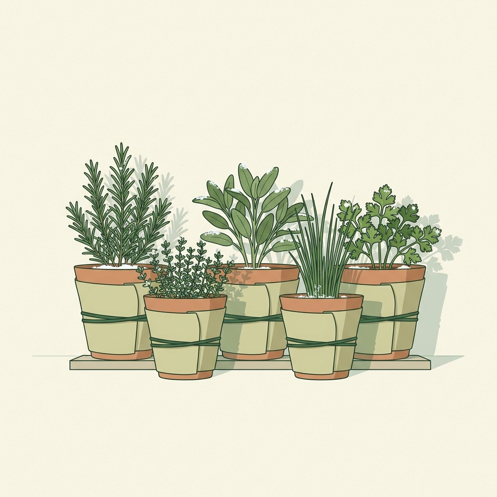 Minimalist 2D vector illustration of herb pots wrapped in insulating burlap and fleece clustered against a south facing wall with light frost on soil and rims how to overwinter herbs in pots