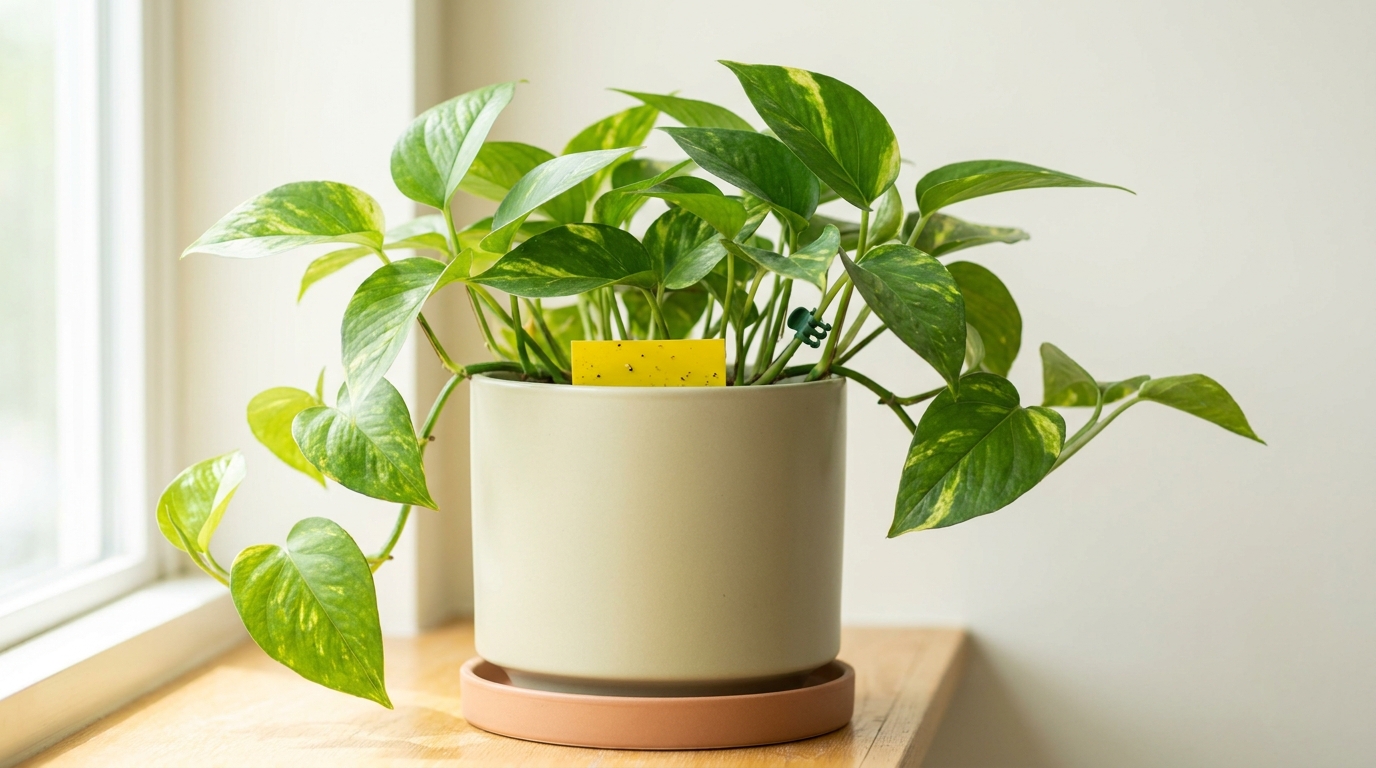 Full frame close-up of a healthy golden pothos on a bright windowsill in a clean ceramic pot with a visible yellow sticky trap beside the soil, soft natural light, shallow depth of field