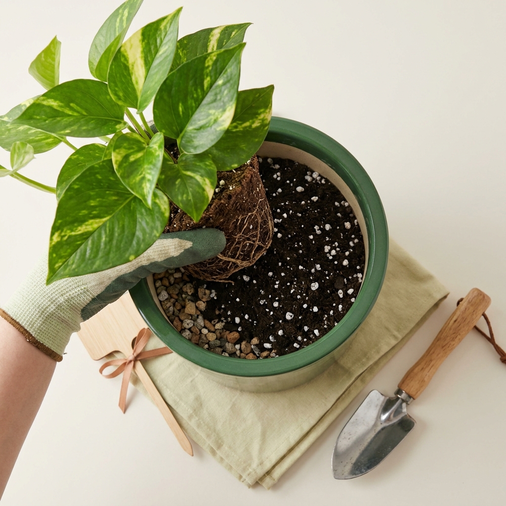 Gardener repotting a golden pothos with sterile potting mix and visible perlite in a ceramic pot on a clean #F5F3E8 background showing how to prevent fungus gnats in potting soil