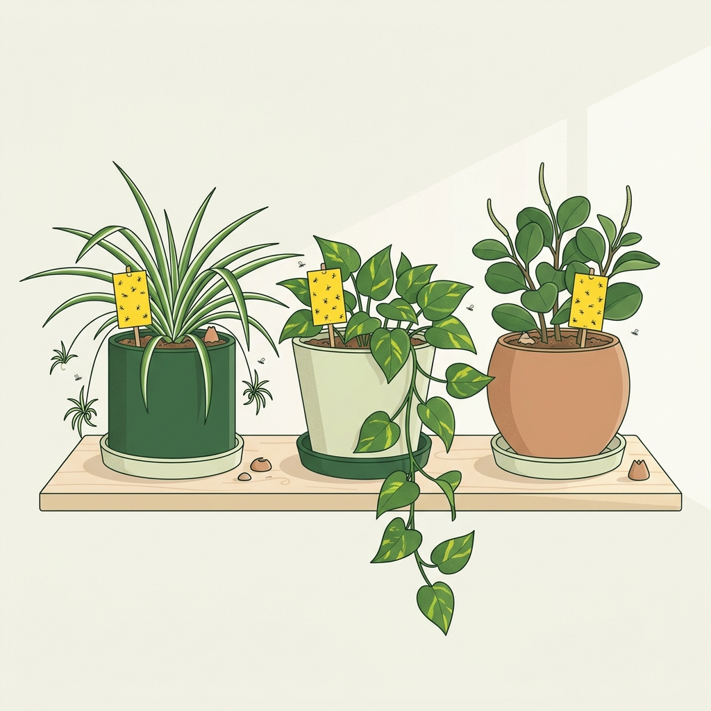 Minimal 2D vector illustration of yellow sticky traps inserted in potting soil among a spider plant pothos and peperomia with small fungus gnats stuck on traps how to prevent fungus gnats in potting soil