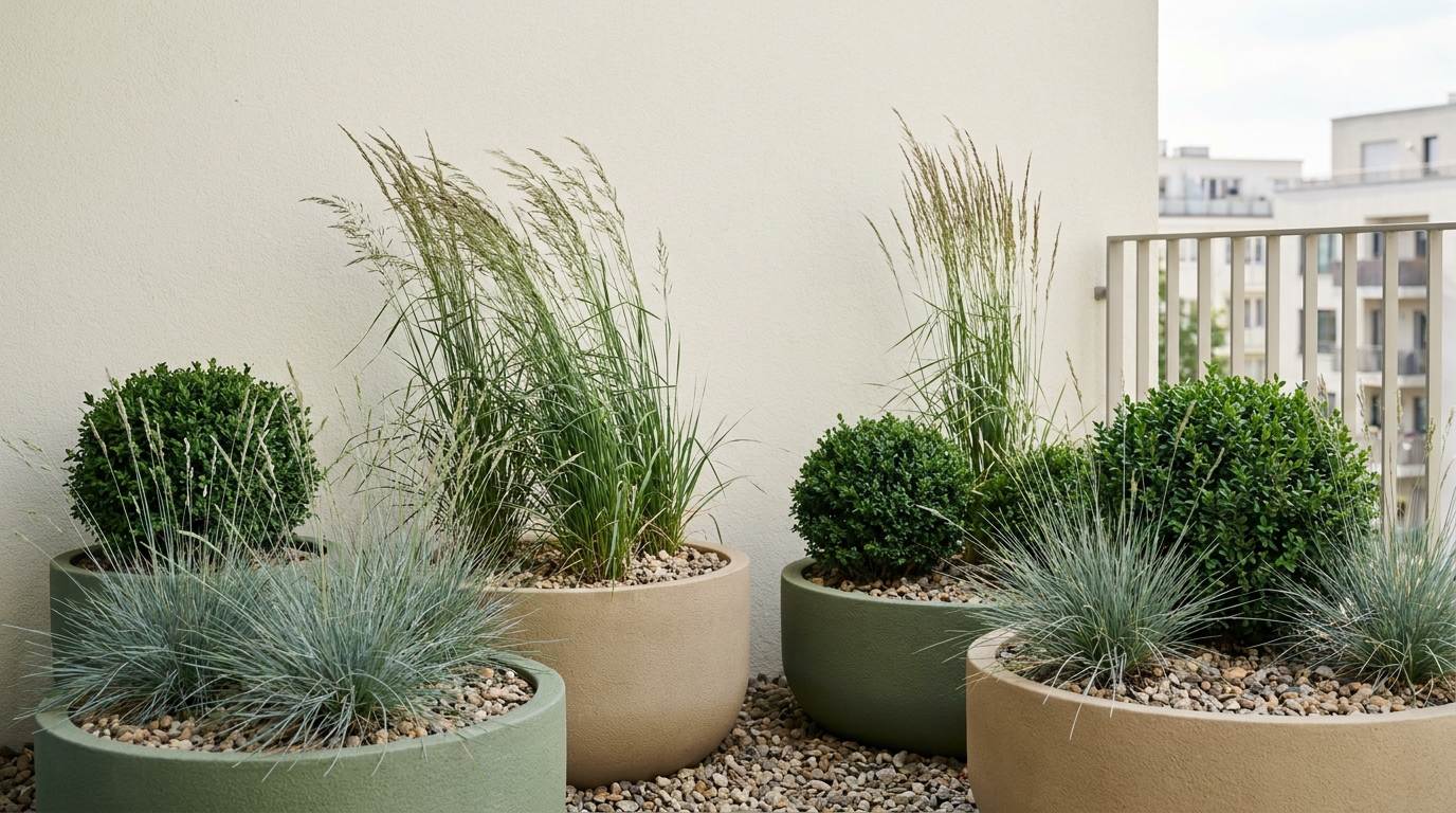 Windswept balcony with grouped containers of ornamental grasses and boxwood in wide low pots topped with gravel mulch in daylight balcony garden windy plants