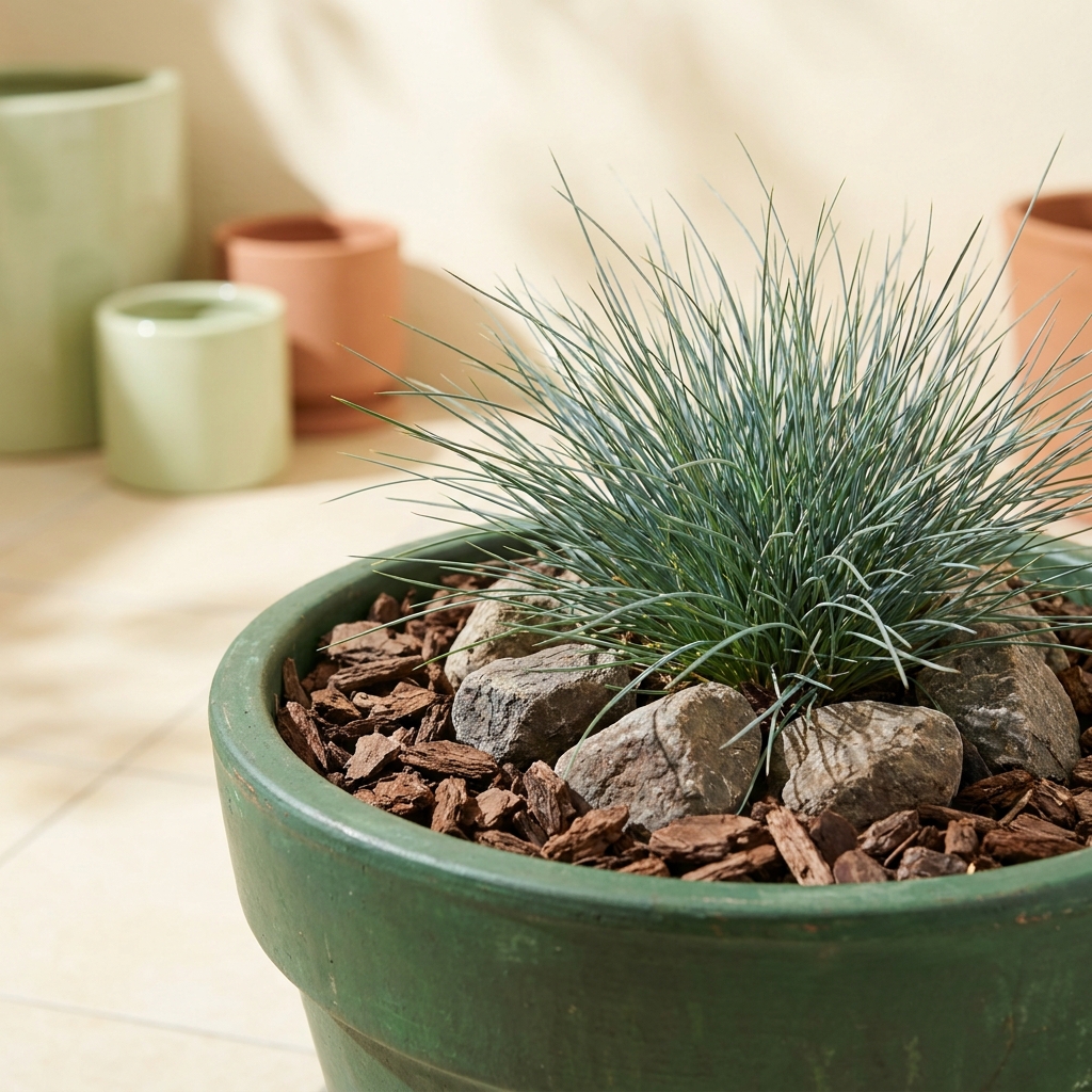 Close up of heavy wide based planter with ballast stones coarse bark mulch and compact blue fescue ornamental grass moving in a light breeze balcony garden windy plants
