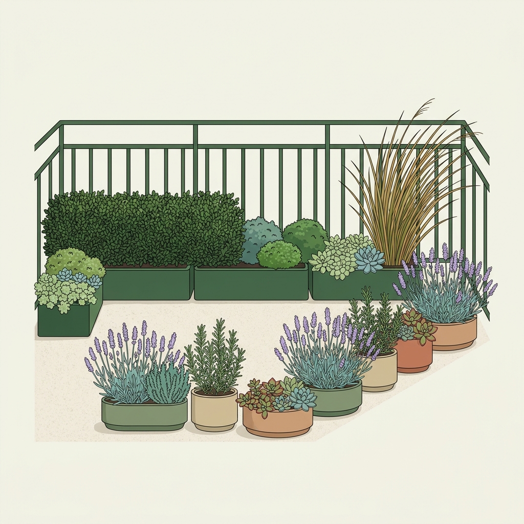 Minimalist 2D vector balcony corner showing compact screening planters and a row of low profile mixed containers with lavender rosemary boxwood sedum and ornamental grass in late summer, balcony garden windy plants