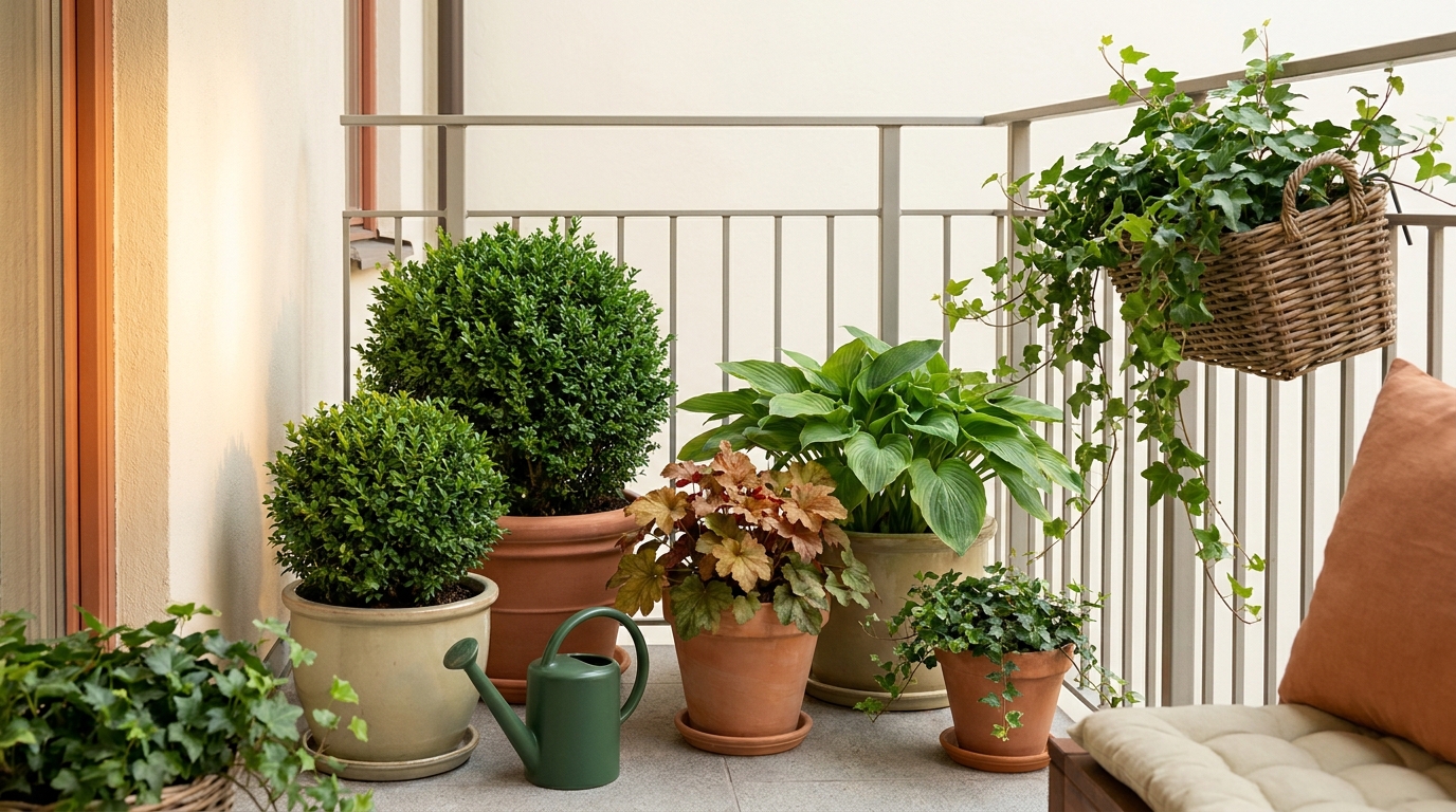 Shaded urban balcony filled edge to edge with heavy containers, a compact evergreen boxwood, clumps of hosta and heuchera, and a trailing ivy basket lit by warm reflected light, balcony garden windy plants