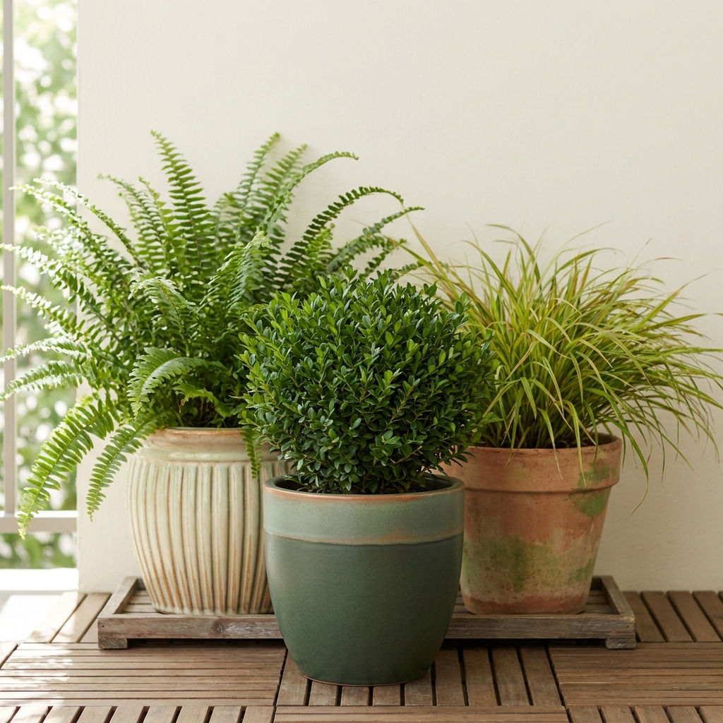 Close up of three textured pots on a shaded balcony showing dwarf boxwood evergreen, sword fern and Hakonechloa forest grass bending in a breeze balcony garden windy plants