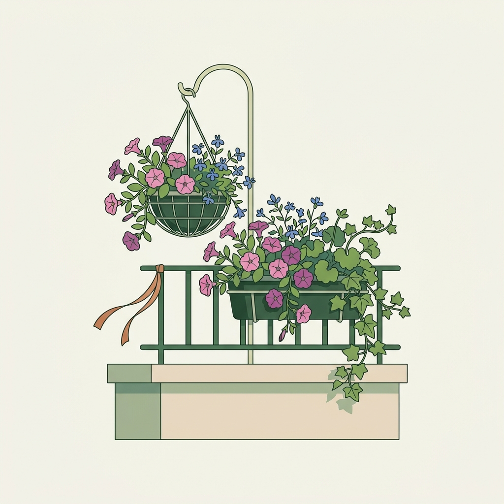 Minimalist 2D vector of a small balcony garden windy plants with a hanging basket and rim planter behind a low parapet and a ribbon fluttering on the railing indicating wind direction in late spring