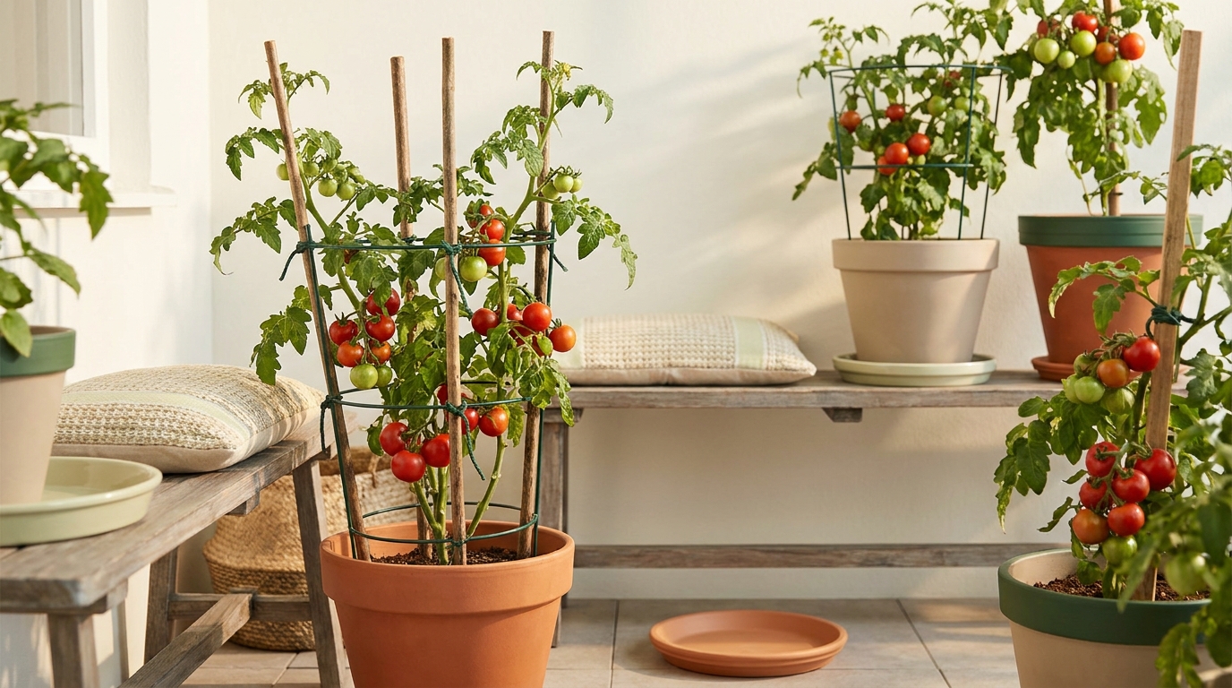 Sunlit balcony with potted tomato plants supported by stakes and wire cages showing ripe fruit clusters a clear example of how to support tomatoes in pots