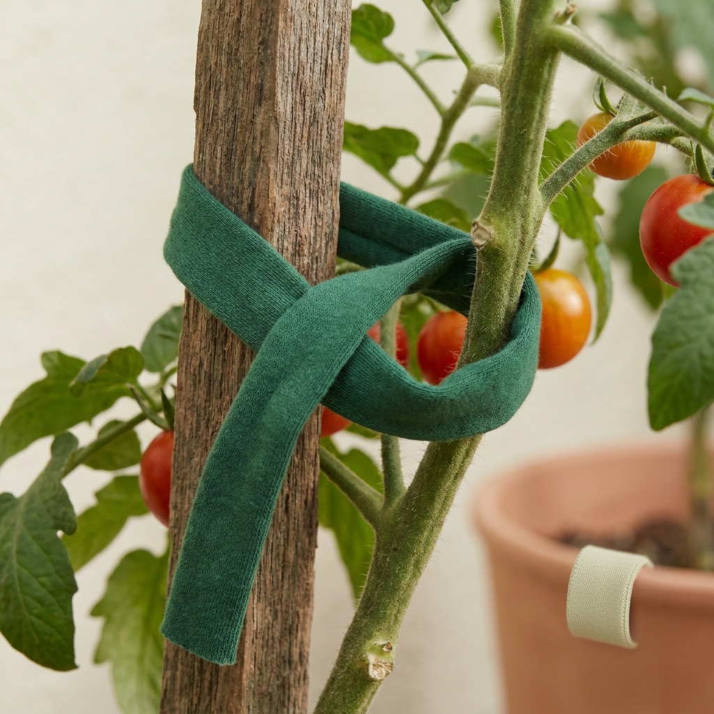 Close up showing how to support tomatoes in pots a tomato stem tied in a loose figure eight with a soft wide green tie to a sturdy wooden stake in a terracotta pot with healthy green leaves and small ripening fruit