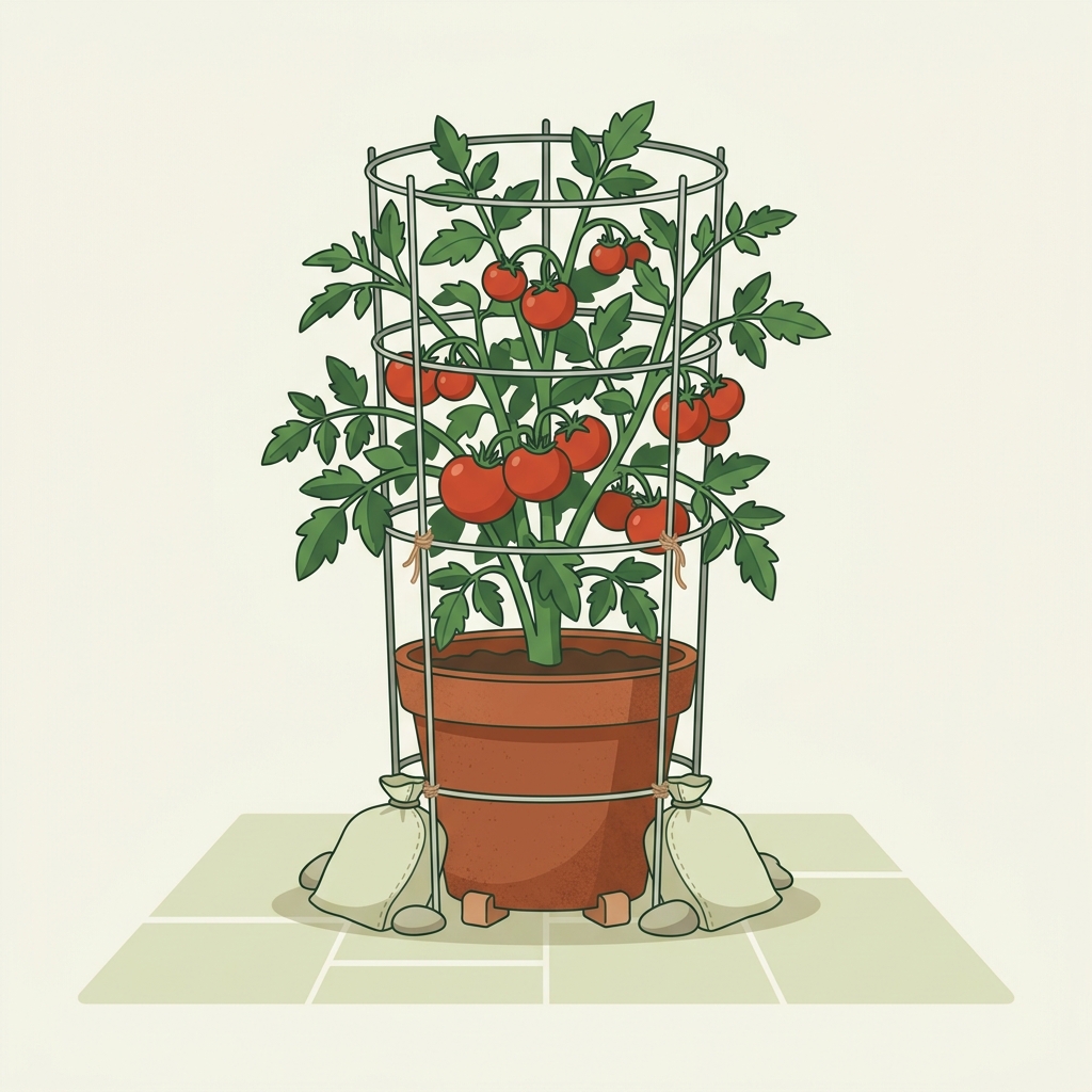 Minimalist 2D vector of a potted tomato plant on a sunlit patio with a rigid cage and visible base anchors showing how to support tomatoes in pots