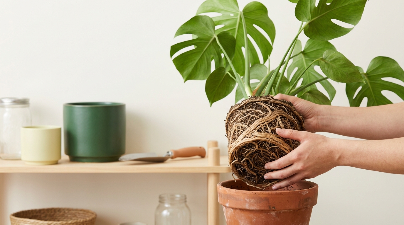 Hands easing a root bound Monstera deliciosa from a terracotta pot on a bright balcony showing visible circling roots and minimalist pots illustrating repotting root bound plants