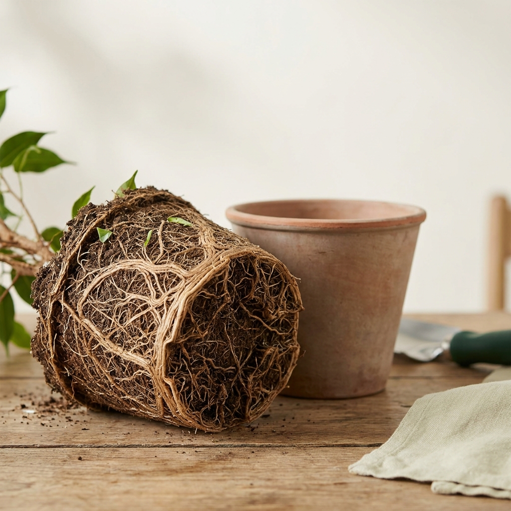 Close up of a root bound root ball from a potted ficus with roots circling and some roots at the soil surface in a minimalist garden setting, repotting root bound plants