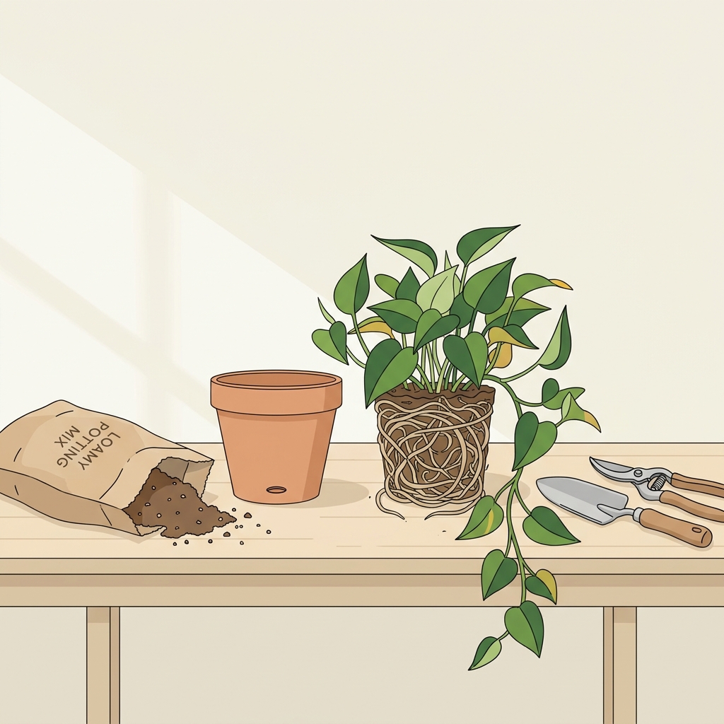 Minimal 2D vector illustration of a tidy repotting workspace showing a root bound pothos beside a new terracotta pot open bag of potting mix trowel and pruning shears representing repotting root bound plants