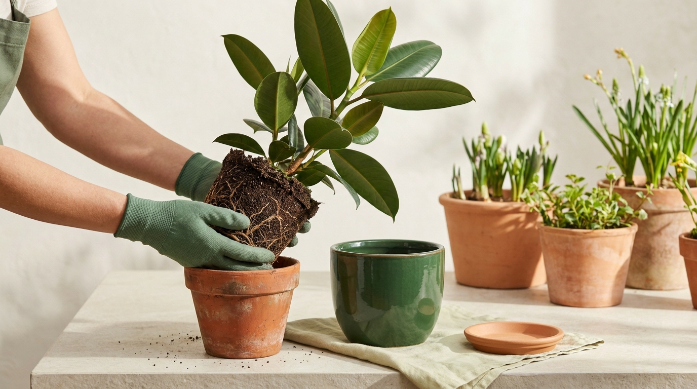 Gardener removing a healthy ficus elastica from a terracotta pot during repotting root bound plants in a bright minimalist spring container garden full frame