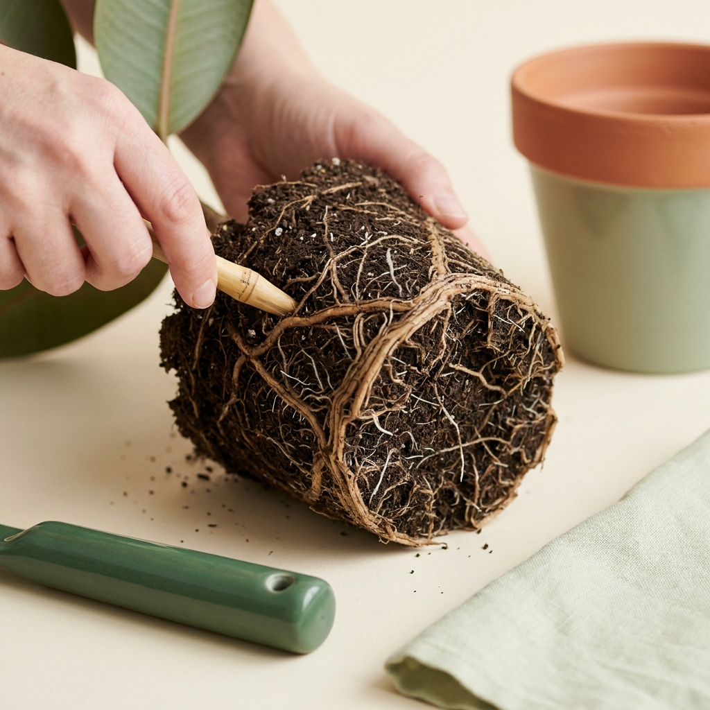 Close up of a rubber plant root bound root ball with circling roots and compact soil on a soft beige background for repotting root bound plants minimalist scene