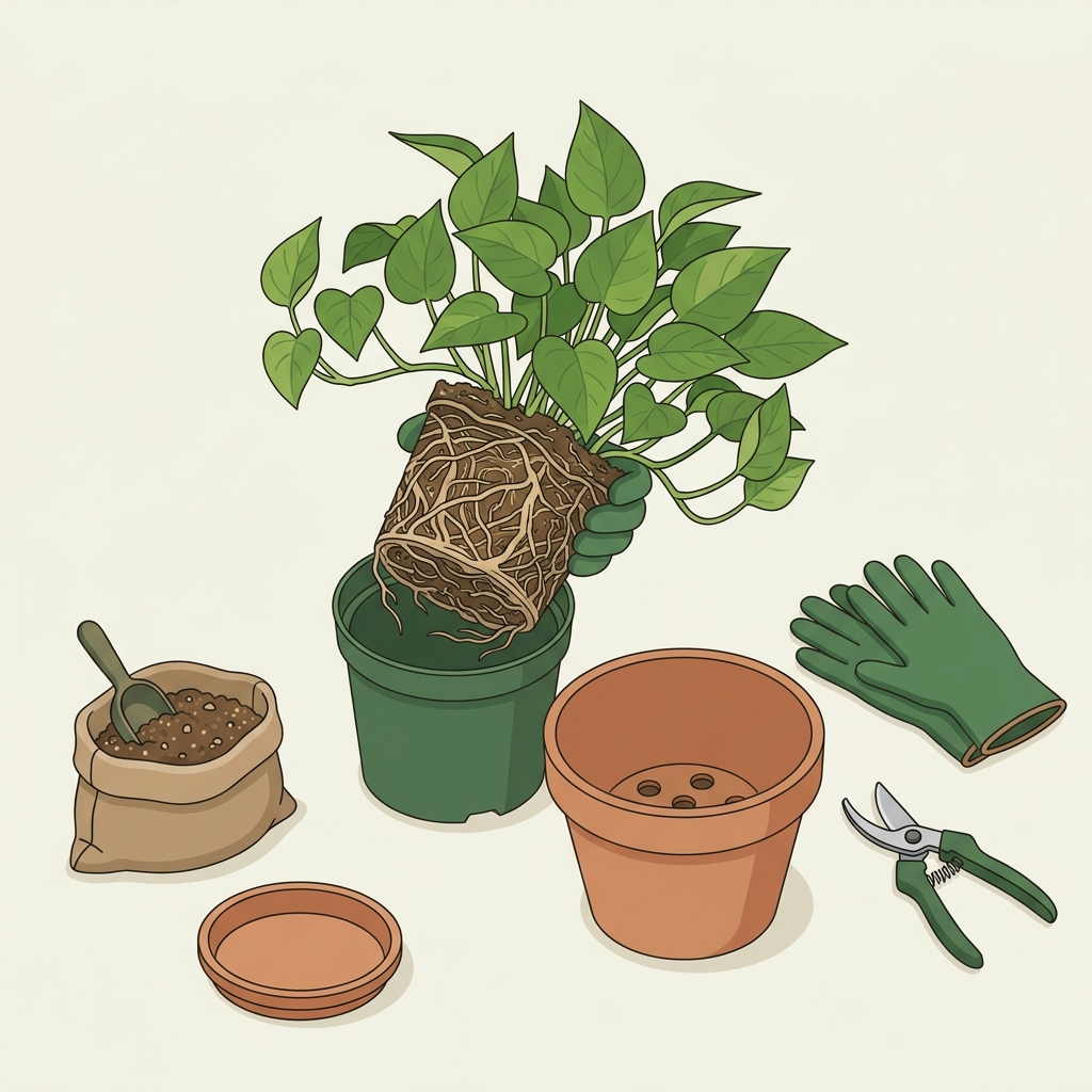 Minimalist 2D vector illustration of a spring repotting workspace showing gloves shears potting mix and a root bound pothos being repotted repotting root bound plants