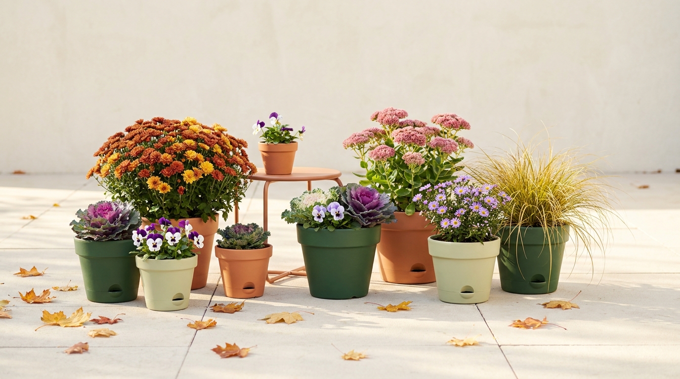 Autumn container plants beside a watering can on a patio