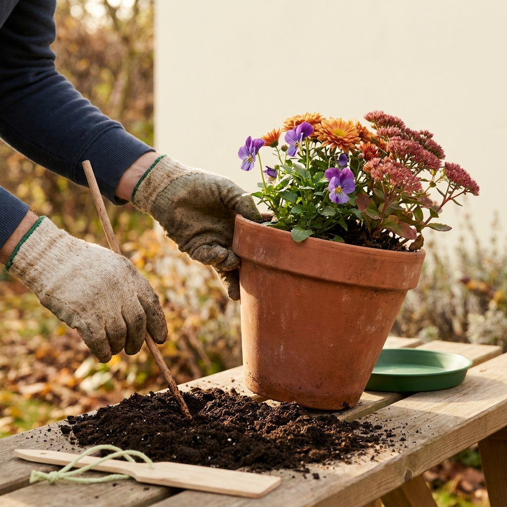 Checking potting mix with a wooden probe beside a container